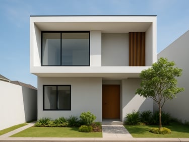 bright architectural photography, natural daylight, clean realistic exterior of a modern house in Cinere Depok, minimalist design with small garden