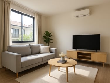 Interior of a clean modern living room in a Depok townhouse, bright sunlight streaming through a window, realistic colors