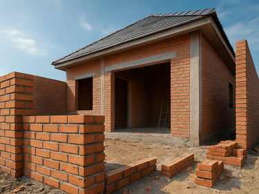 Close-up of a modern house construction site in Depok, clean brick laying, bright natural daylight, realistic focus