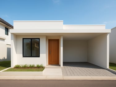 bright architectural photography, natural daylight, clean realistic exterior of a modern one-story house in Pancoran Mas Depok, white walls, small paved carport