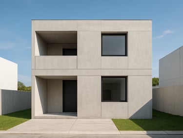 bright architectural photography, natural daylight, clean realistic exterior of a modern two-story townhouse in Beji Depok, minimalist concrete facade
