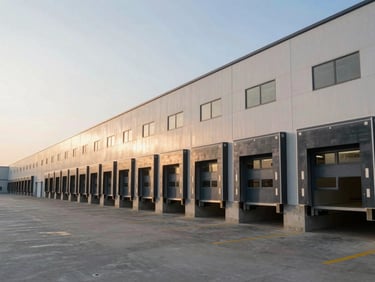 Wide angle view of a clean, modern commercial warehouse loading dock at dawn, soft morning light hitting the concrete bays, empty of people, highly structured.