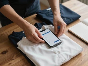 Overhead flat-lay close-up of a seller's hands sorting fashion items on a wooden table — folded blouses, a phone showing an inventory screen mid-entry, a small notebook to the side, natural window light casting soft shadows across the products