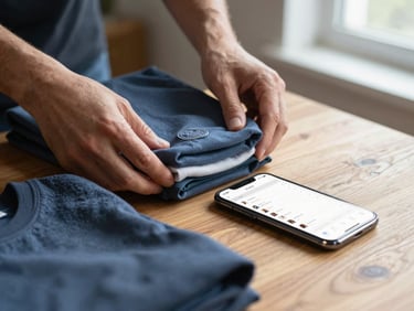 Hands organizing folded clothing items on a wooden table beside a smartphone showing an inventory screen, natural window light from the right, fabric textures visible in foreground