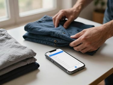 Hands of a seller organizing folded clothing items on a table, a phone screen showing an inventory list app in the foreground, warm natural window light, home studio setting