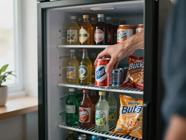 Close-up overhead flat-lay of a mini-fridge shelf stocked with beverages and snack packages, an employee's hand reaching for a can, natural office light from a window to the left