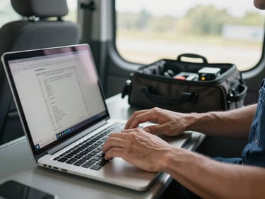 Technician's hands typing on a laptop in a work van, service ticket visible on screen, equipment bag open on the seat beside, natural daylight through the windshield