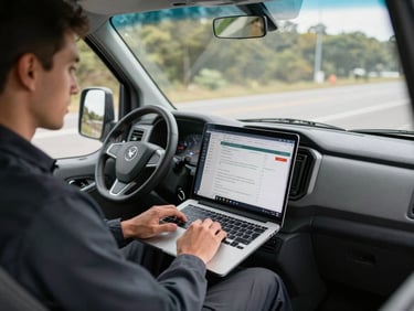 Wide shot of a technician sitting in a van, laptop open on the dashboard showing a service ticket dashboard, natural daylight through windshield, cables and tools visible in the background