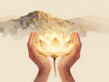 Watercolor style illustration of two hands gently holding a glowing lotus flower, soft beige and gold tones, isolated on light beige background