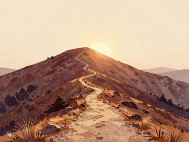 Watercolor style illustration of a serene mountain path with a soft rising sun, warm earth tones, isolated on a light beige background