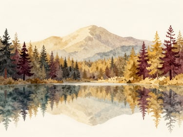 Watercolor style illustration of a calm, reflective lake surrounded by soft pine trees, muted gold and maroon accents, isolated on light beige background