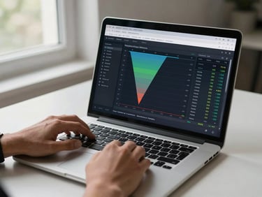 Hands scrolling through a campaign performance report on a laptop screen, conversion funnel data visible, clean daylight from a window to the left, minimal desk surface, sharp focus on the screen metrics