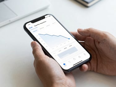 Hands scrolling through a mobile analytics app showing a cost-per-acquisition graph with a clear downward trend, high-key daylight, white desk surface, minimal styling