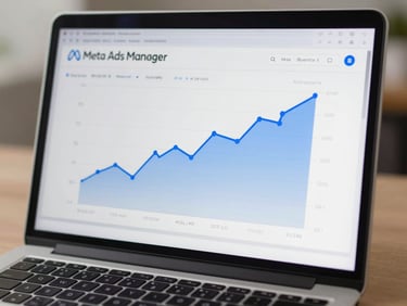 Close-up of a laptop screen displaying a Meta Ads Manager dashboard with a rising ROAS trend line highlighted in blue, clean studio daylight, minimal desk surface visible