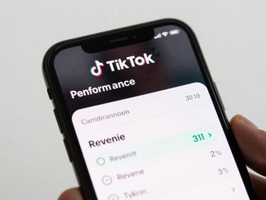 Close-up of a phone screen displaying a TikTok campaign performance report with a highlighted revenue figure, clean studio lighting, white background, no clutter