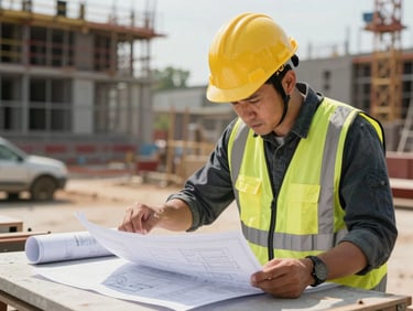 Construction site supervisor reviewing blueprints on a flat surface outdoors, hard hat visible, natural overhead light, documents and plans sharply in focus