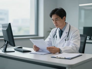 Wide-angle view of a doctor reviewing patient files at a modern clinic desk, cool daylight from a window, stethoscope and documents visible, uncluttered environment