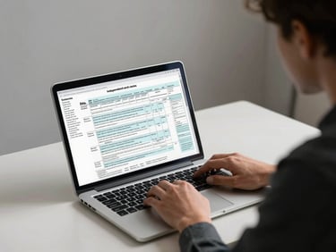 Independent professional at a minimal desk reviewing a tax form on a laptop screen, cool studio light from above, clean background, hands on keyboard