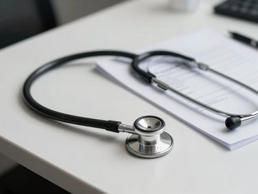 Close-up of a stethoscope resting on a clean white desk beside a printed invoice document, sharp studio overhead light, minimal background, medical-office context