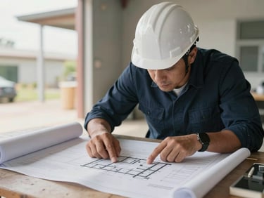Constructor in a hard hat reviewing architectural blueprints spread on a site table, natural daylight from an open building frame behind, hands pointing at structural details, clean and precise framing
