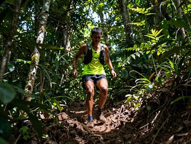 Low-angle shot of a trail runner ascending a steep, muddy path through dense tropical forest, sweat visible on their face, dramatic sunlight filtering through leaves.
