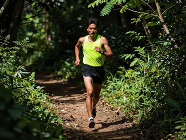 Dynamic action shot of a runner crossing a narrow dirt trail, arms pumping, intense focus on their face, surrounded by vibrant green foliage, deep shadows.