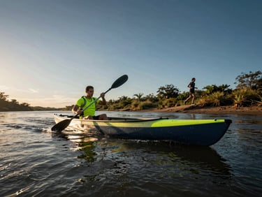 Wide shot of a canoe on the Magdalena River at golden hour, trail runner in the background on the riverbank, dynamic low-angle.