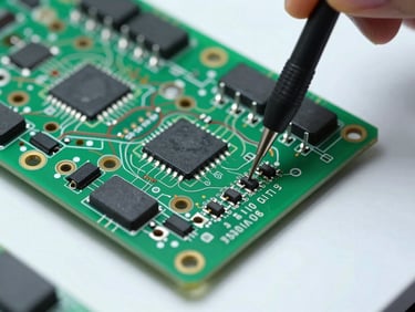 Close-up overhead shot of a PCB under controlled facility lighting, probe tips touching test points, traces and component markings sharply in focus, clean white workbench surface, no hands visible