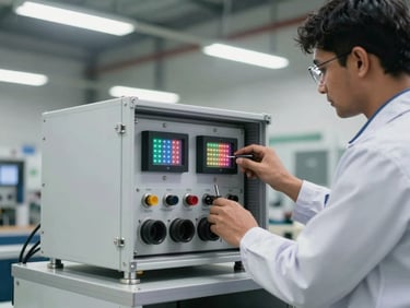A digital testing bay inside a Jalandhar workshop, an engineer calibrating an LED voltage readout on a heavy metal stabilizer enclosure, bright industrial lighting
