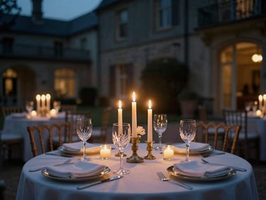 A beautifully set candlelit dining table inside a grand historic estate, soft warm glow, crystal wine glasses, refined table setting