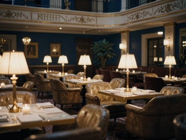 Atmospheric view of a historic hotel salon with warm lamps, soft leather armchairs, elegant architectural details, evening ambiance