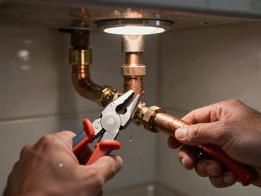 Close-up of a plumber's hands using channel-lock pliers on a leaking copper pipe joint under a sink, water droplets visible on the pipe surface, work light illuminating the repair area in a dim cabinet