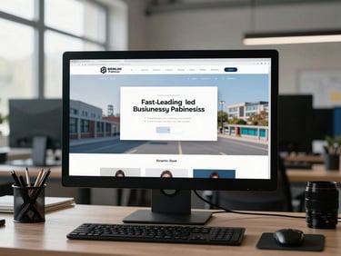 Straight-on clean view of a modern Berlin-Frohnau workspace, natural morning light, a high-resolution screen displaying a fast-loading local business website mockup, sharp focus, technical atmosphere.