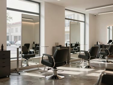 Interior of a modern, minimalist Berlin hair salon, clean lines, concrete floor, warm natural light streaming through a large window, no people.