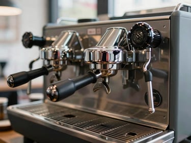 Close-up of a clean espresso machine in a modern Berlin café, bright natural daylight, focusing on craftsmanship