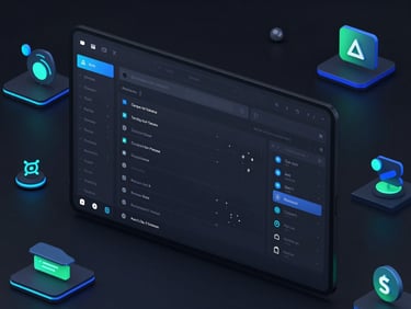 Sleek dark-mode desktop interface showing clean database structures and API endpoints, neon blue accents, sharp focus, 3d render