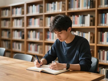 Candid shot of a student researching at a wooden table in a quiet, sunlit library, with floor-to-ceiling bookshelves in soft focus behind them.