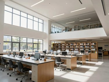 Wide architectural shot of the modern school library and scientific labs, bright natural daylight streaming through windows, clean institutional design