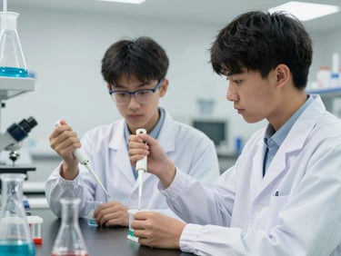 Candid medium shot of two high school students in white lab coats carefully measuring liquids with pipettes in a bright, modern chemistry laboratory.