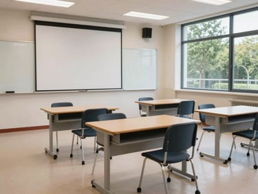 A bright, spacious classroom with modern ergonomic desks arranged in small groups, a clean digital whiteboard, and large windows showing green trees outside.