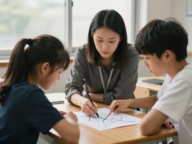 Candid medium shot of a teacher guiding two students over a wooden desk, analyzing a complex geometry project together under bright natural window light.