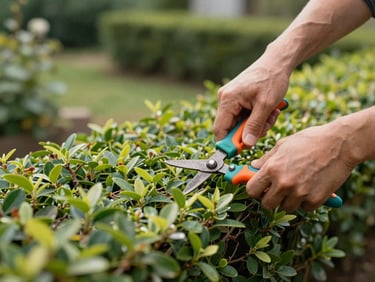 Präziser Formschnitt an einer Buchsbaumhecke in einem gepflegten Garten, weiches Morgenlicht, scharfer Fokus, Gärtnerhände mit Gartenschere.