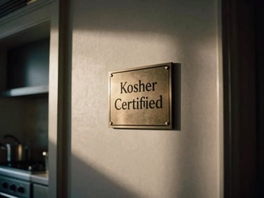 A discreetly placed, elegant 'Kosher Certified' plaque on a wall in a luxury hotel kitchen, soft diffused light, cinematic editorial photography, golden-hour natural light, architectural composition.