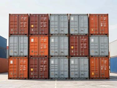 Straight-on eye-level shot of organized shipping cargo containers stacked neatly in a modern shipping port, bright high-key daylight, sharp focus, 35mm