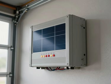 Close-up of a solar inverter unit fixed to an interior garage wall, indicator lights on, wiring visible at the base, soft diffused light from an open door, no people