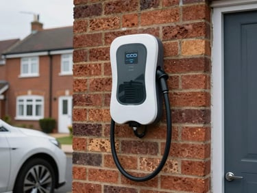 Wall-mounted EV charger unit on the exterior brick wall of a UK semi-detached home, electric car partially visible in the driveway, overcast afternoon light, no people