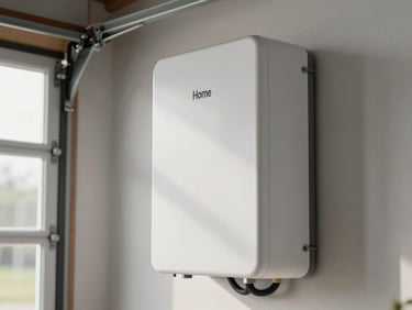 Home battery storage unit mounted on a garage interior wall, clean white casing, cables neatly routed, soft interior daylight from a nearby window, no people