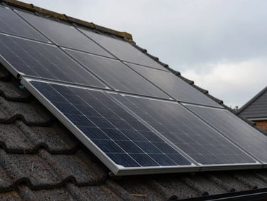 Close-up of black monocrystalline solar panels on a UK terrace roofline, morning diffused light, panel surface detail visible, roof tiles framing the edge, no people