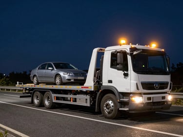 Wide panoramic night shot, a modern flatbed tow truck with amber warning beacons illuminated, securing a sedan on a highway shoulder, high contrast.