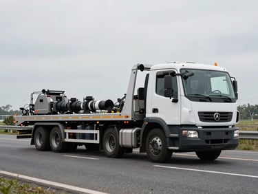 Wide daylight shot, a heavy-duty tow truck transporting a commercial van on a highway, clear overcast sky, professional setup.